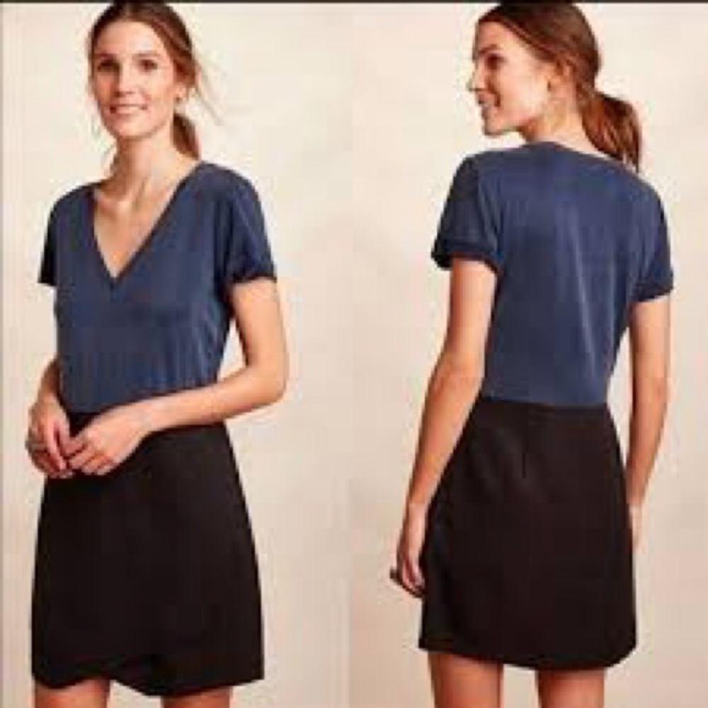 Dolan Anthropologie Colorblock Dress Medium Blue Black V Neck Short Sleeve T Shi